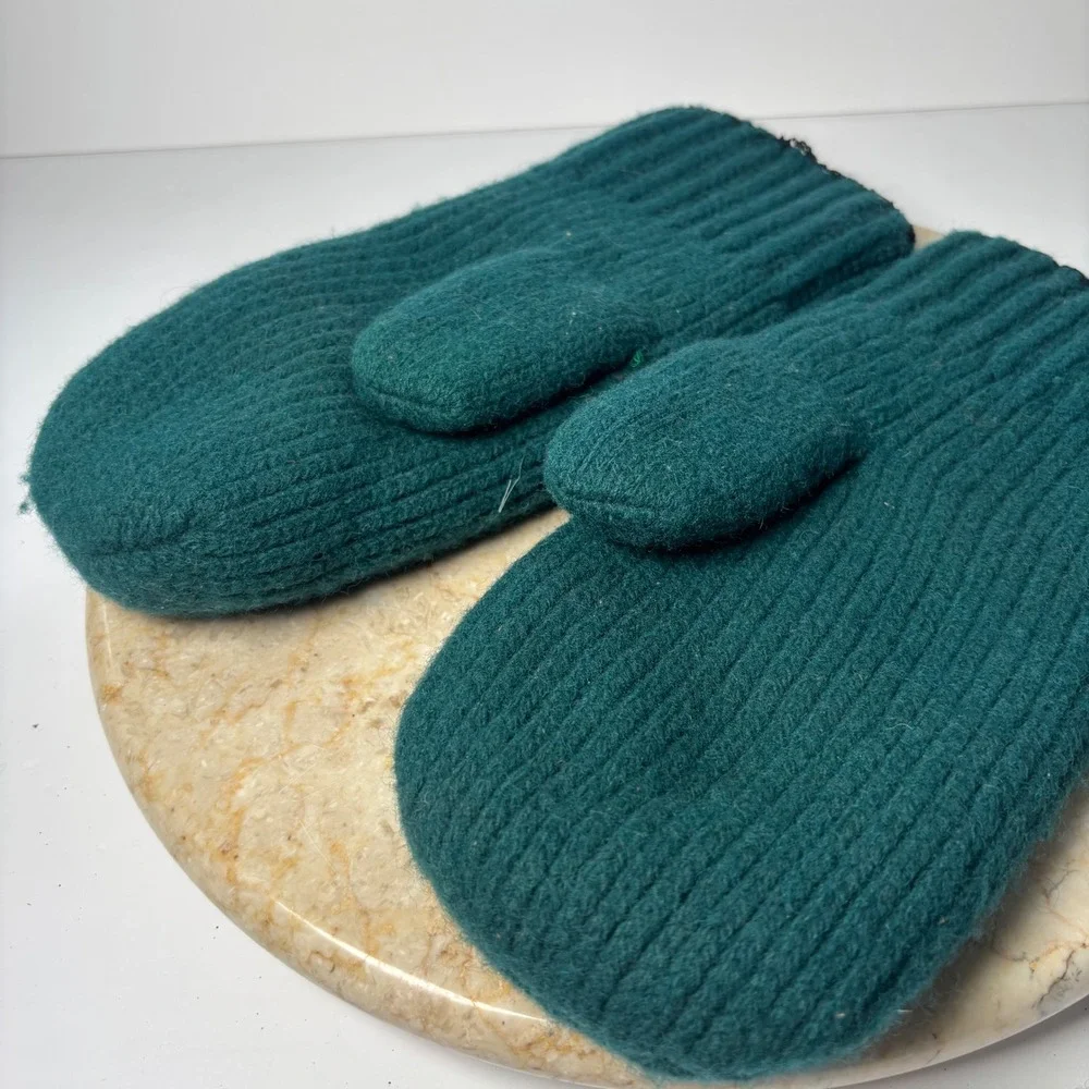 Vintage Wool Ribbed‎ Knit Mittens Large Teal Green Insulated Heavyweight Winter